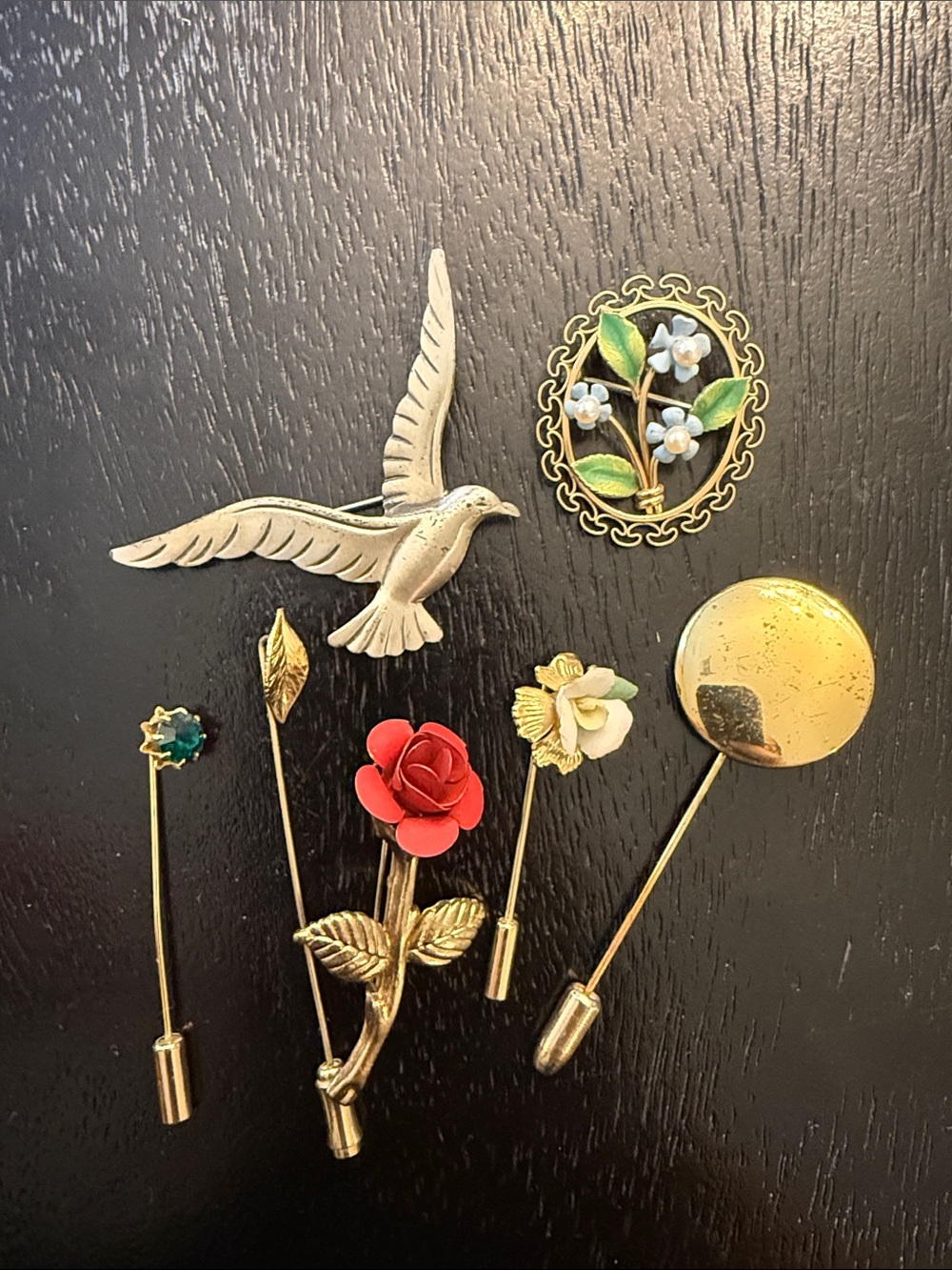 Lot of 7 Vintage Brooches and Stick Pins: Sterling Silver Bird and Gold Toned